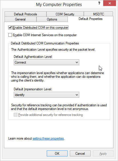 DCOM defaults property page
