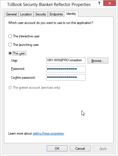 Configuring TclBook.SecurityBlanketReflector identity