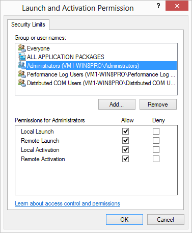 COM launch limits dialog